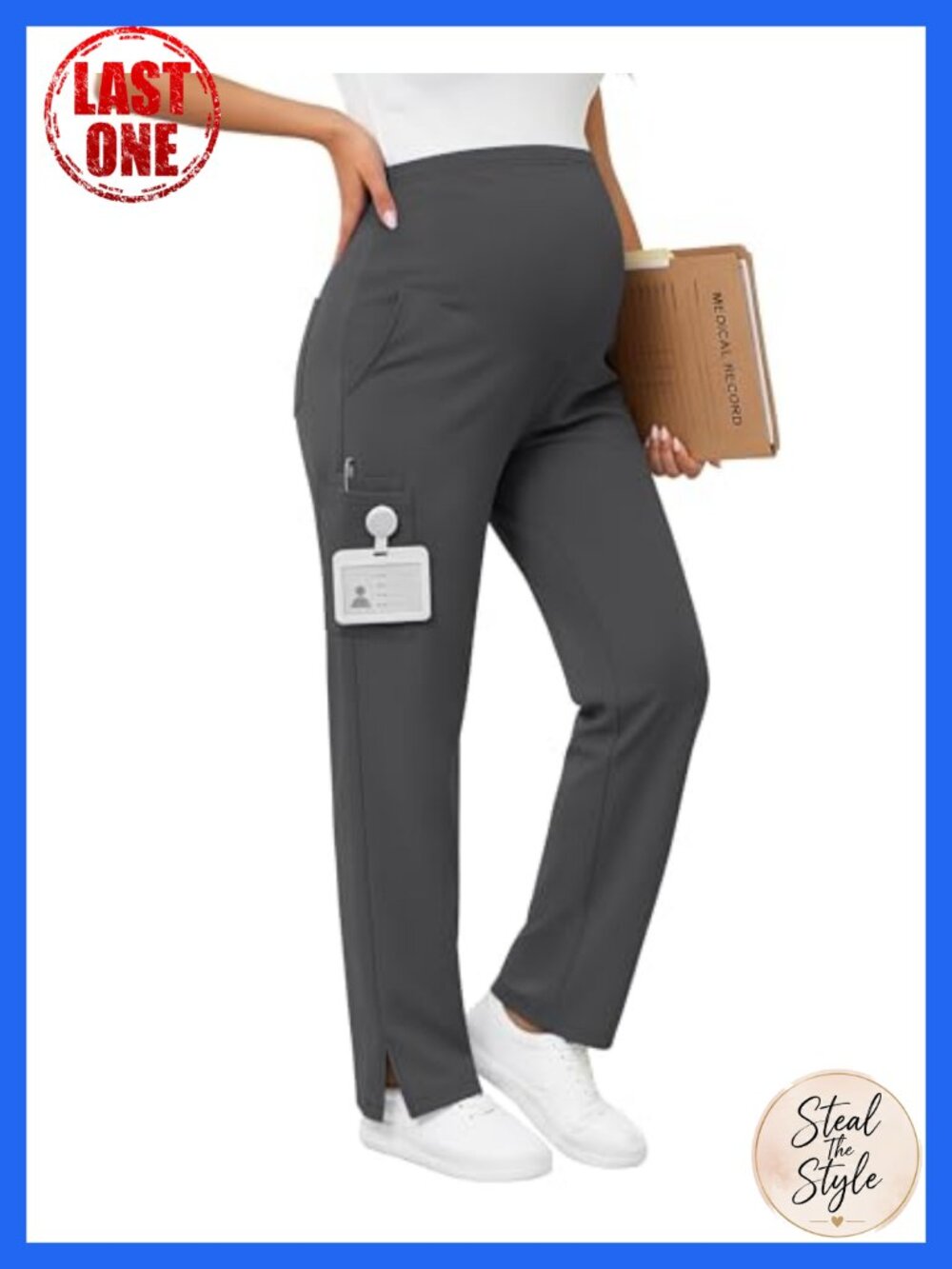 Maternity Cargo Scrub Pants with 6 Pockets Adjustable Waist